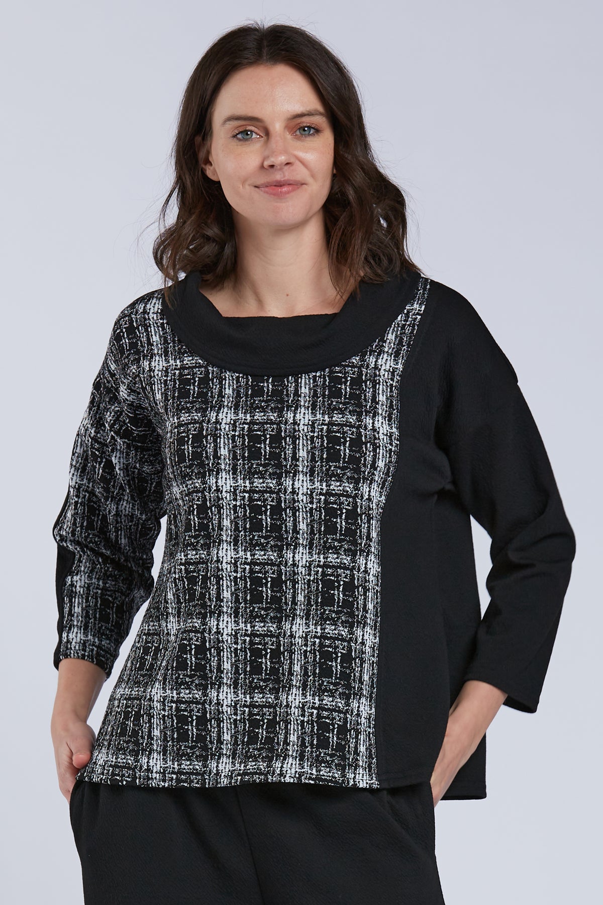 Sydney Project Colleen Boxy Cowl Neck Top - KJT1129 - BLACK/PLAID