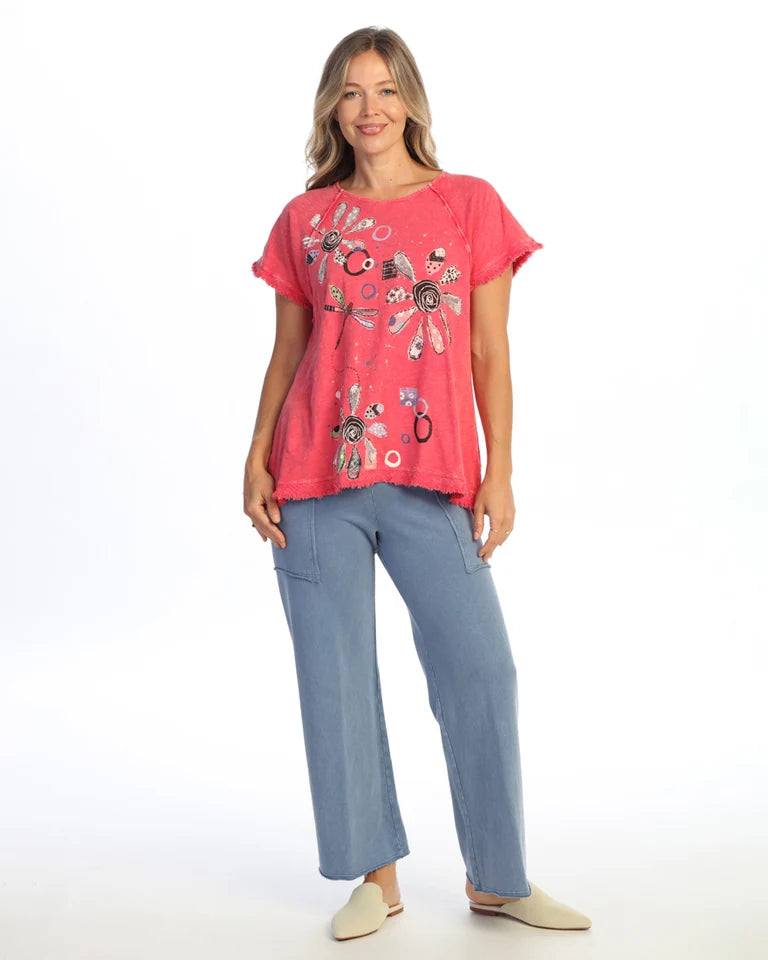 JESS & JANE Mineral Washed Garment Dyed Raglan Sleeve Top w/ Gauze Fringe - M115-2331 - RASPBERRY APPLIQUE