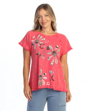 JESS & JANE Mineral Washed Garment Dyed Raglan Sleeve Top w/ Gauze Fringe - M115-2331 - RASPBERRY APPLIQUE