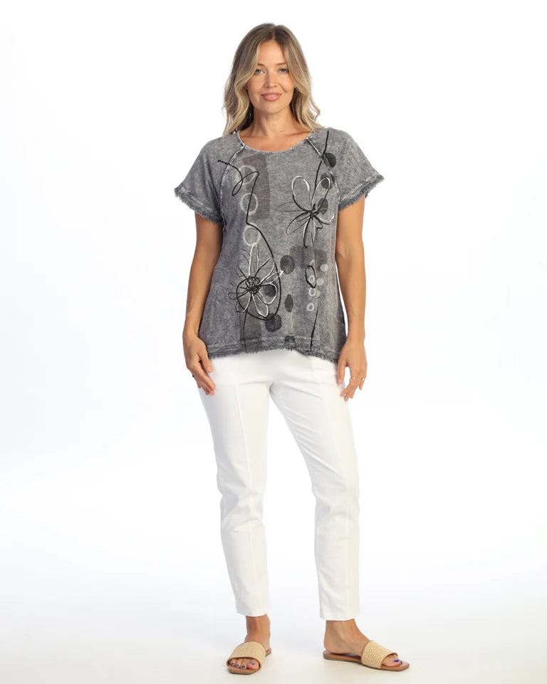 JESS & JANE Mineral Washed Garment Dyed Raglan Sleeve Top w/ Gauze Fringe - M115-2338 - MID MUSE