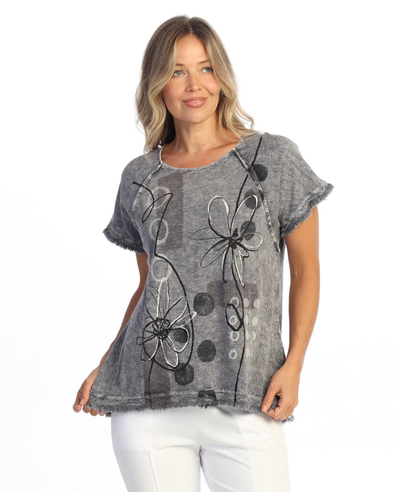 JESS & JANE Mineral Washed Garment Dyed Raglan Sleeve Top w/ Gauze Fringe - M115-2338 - MID MUSE