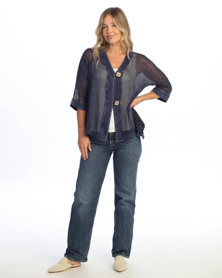 JESS & JANE Mineral Washed Flounce Hem Mesh Cardigan w/ 2-Button Closure - M116 - DENIM