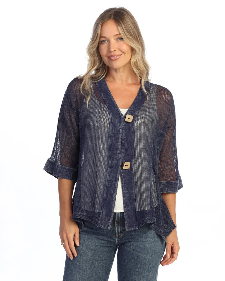 JESS & JANE Mineral Washed Flounce Hem Mesh Cardigan w/ 2-Button Closure - M116 - DENIM