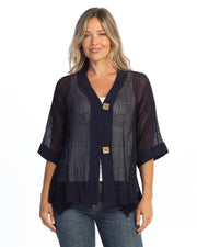 JESS & JANE Mineral Washed Flounce Hem Mesh Cardigan w/ 2-Button Closure - M116 - JET DENIM