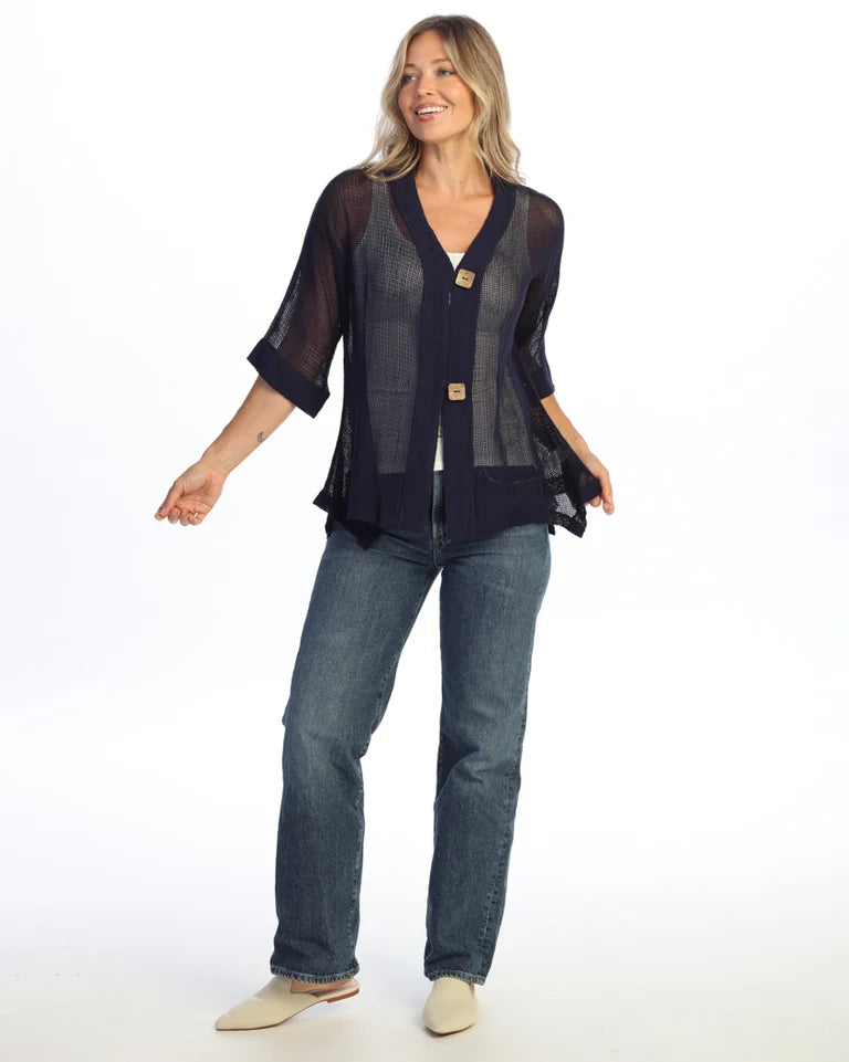 JESS & JANE Mineral Washed Flounce Hem Mesh Cardigan w/ 2-Button Closure - M116 - JET DENIM