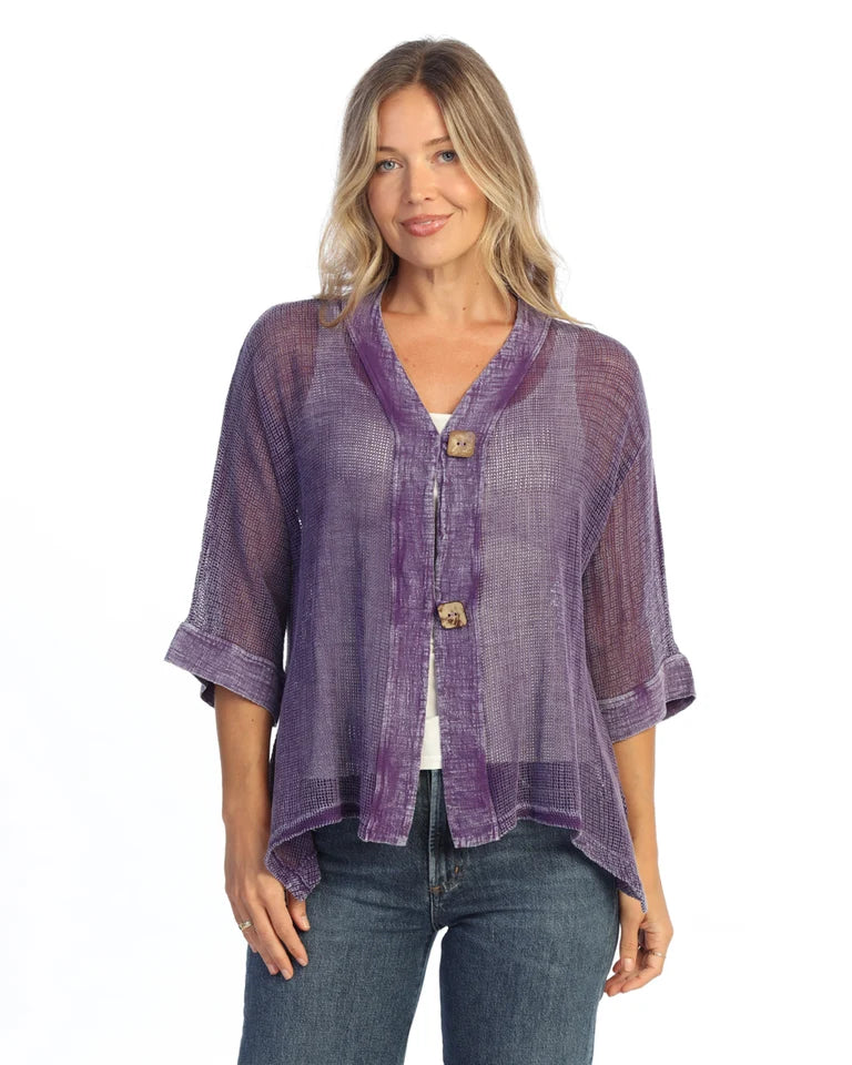 JESS & JANE Mineral Washed Flounce Hem Mesh Cardigan w/ 2-Button Closure - M116 - PURPLE