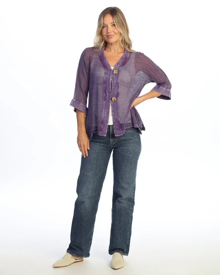 JESS & JANE Mineral Washed Flounce Hem Mesh Cardigan w/ 2-Button Closure - M116 - PURPLE