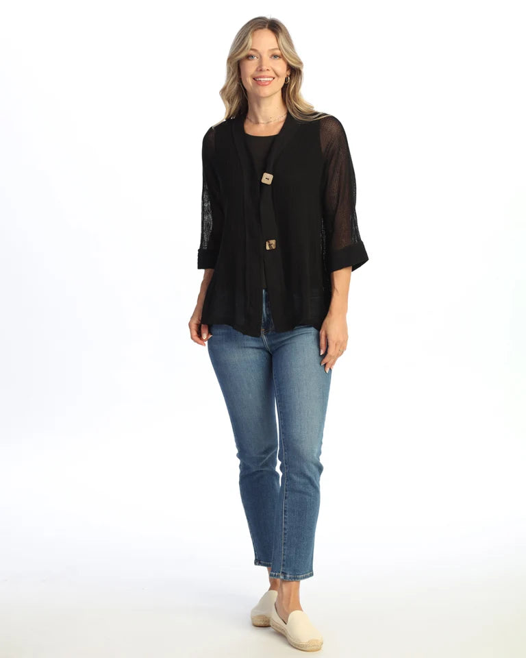 JESS & JANE Garment Dyed Flounce Hem Mesh Cardigan w/ 2-Button Closure - M116 - JET BLACK