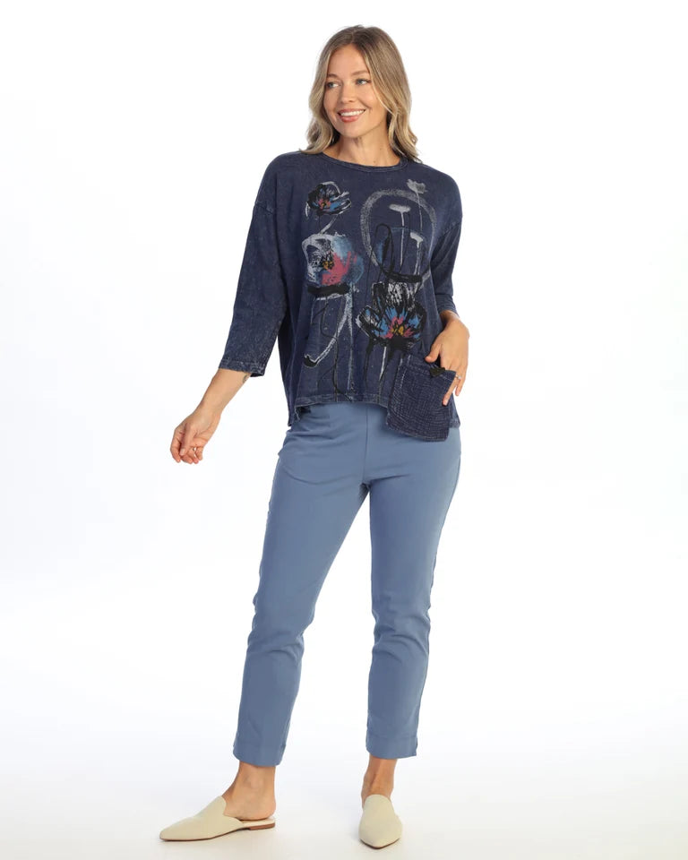 JESS & JANE Mineral Washed Cotton 3/4 Sleeve Top w/ Gauze Pocket - M118-2330 - DENIM SERENA