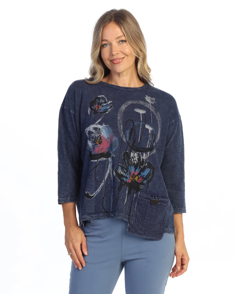JESS & JANE Mineral Washed Cotton 3/4 Sleeve Top w/ Gauze Pocket - M118-2330 - DENIM SERENA