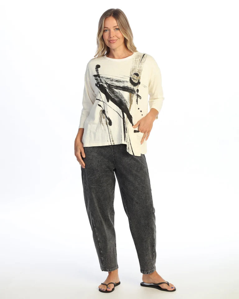 JESS & JANE Garment Dyed Cotton 3/4 Sleeve Top w/ Gauze Pocket - M118-2330 - CREAM IMPRESSION