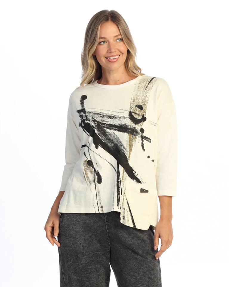 JESS & JANE Garment Dyed Cotton 3/4 Sleeve Top w/ Gauze Pocket - M118-2330 - CREAM IMPRESSION