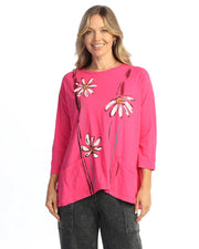 JESS & JANE Garment Dyed Cotton 3/4 Sleeve Top w/ Gauze Pocket - M12-2218 FUCHSIA WIMSY