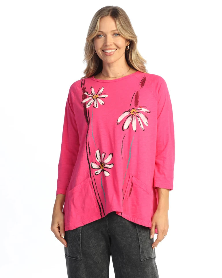 JESS & JANE Garment Dyed Cotton 3/4 Sleeve Top w/ Gauze Pocket - M12-2218 FUCHSIA WIMSY