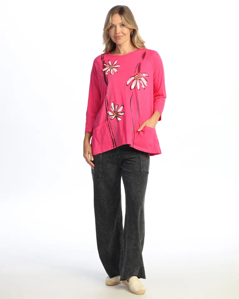JESS & JANE Garment Dyed Cotton 3/4 Sleeve Top w/ Gauze Pocket - M12-2218 FUCHSIA WIMSY