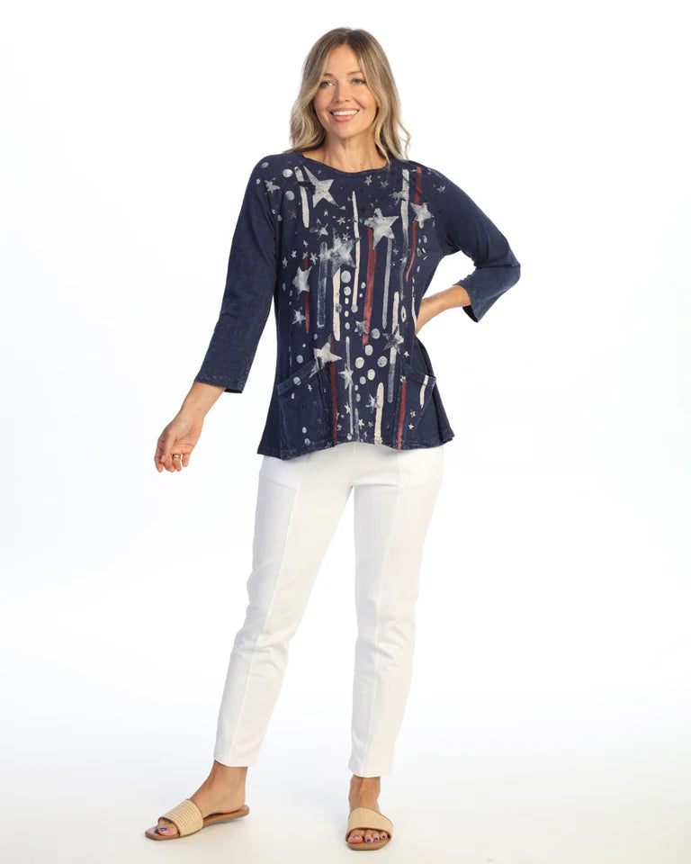 JESS & JANE Mineral Washed/Garment Dyed Cotton Slub Patch Pockets Tunic Top - M12-2299 - DENIM ANTHEM