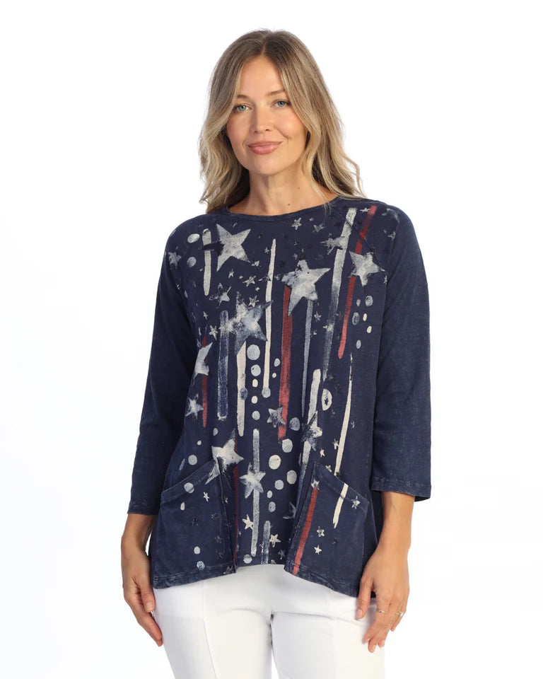 JESS & JANE Mineral Washed/Garment Dyed Cotton Slub Patch Pockets Tunic Top - M12-2299 - DENIM ANTHEM