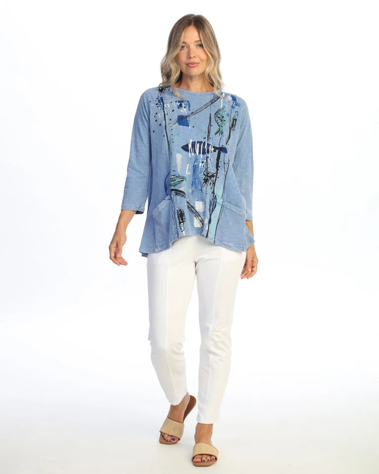 JESS & JANE Mineral Washed/Garment Dyed Cotton Slub Patch Pockets Tunic Top - M12-2346 - CONF ISLAND TIME