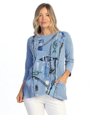 JESS & JANE Mineral Washed/Garment Dyed Cotton Slub Patch Pockets Tunic Top - M12-2346 - CONF ISLAND TIME