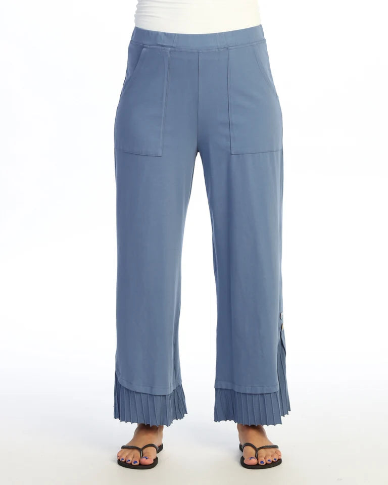JESS & JANE Garment Dyed Wide Leg Pant w/ Fat Rib Contrast and Button Accent - M125 - STEEL