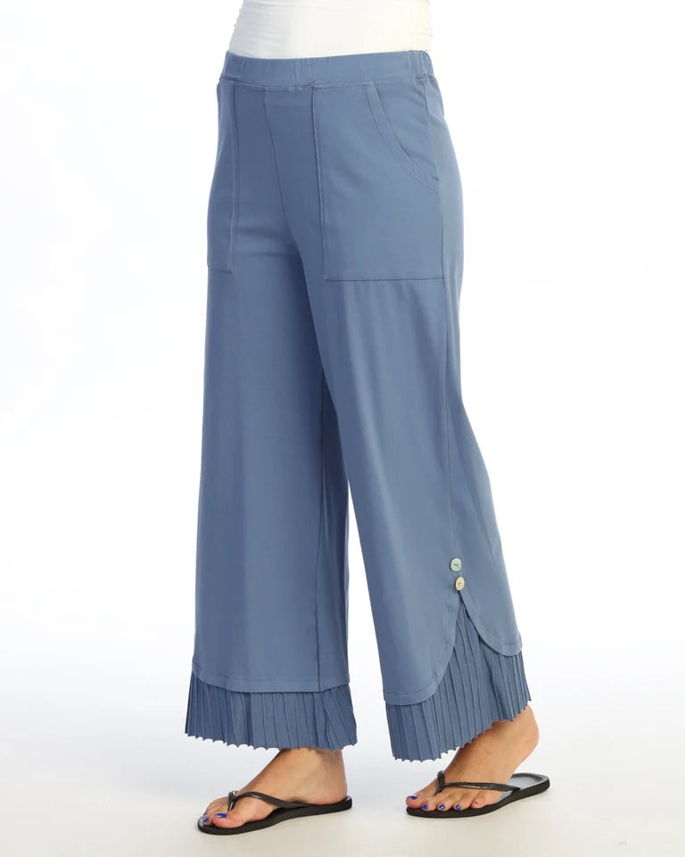JESS & JANE Garment Dyed Wide Leg Pant w/ Fat Rib Contrast and Button Accent - M125 - STEEL