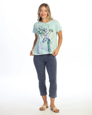 JESS & JANE Mineral Washed Cotton Slub V-Neck Top w/ Cotton-Linen Pocket and Button Accents - M139-2339 - WHEAT CARNATIONS