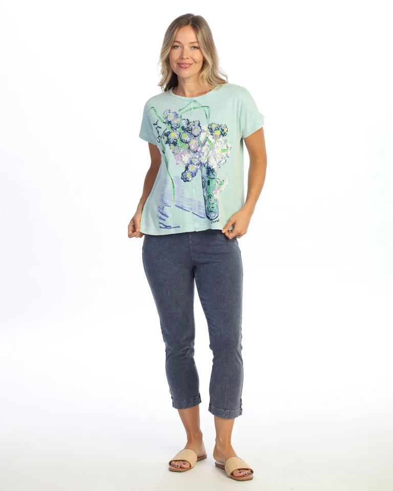 JESS & JANE Mineral Washed Cotton Slub V-Neck Top w/ Cotton-Linen Pocket and Button Accents - M139-2339 - WHEAT CARNATIONS