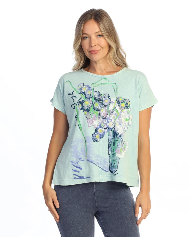 JESS & JANE Mineral Washed Cotton Slub V-Neck Top w/ Cotton-Linen Pocket and Button Accents - M139-2339 - WHEAT CARNATIONS