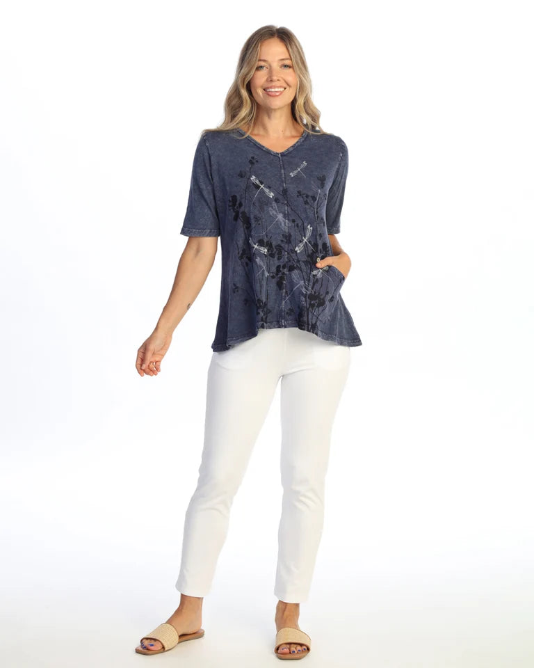JESS & JANE Mineral Washed Cotton Slub V-Neck Top w/ Cotton-Linen Pocket and Button Accents- M139-2328 - DEN VICTORIA