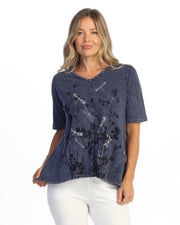 JESS & JANE Mineral Washed Cotton Slub V-Neck Top w/ Cotton-Linen Pocket and Button Accents- M139-2328 - DEN VICTORIA