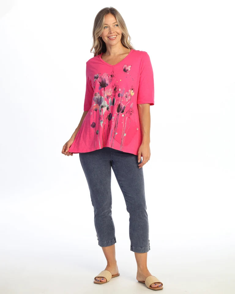 JESS & JANE Garment Dyed Cotton Slub V-Neck Top w/ Cotton-Linen Pocket and Button Accents - M139-2332 FUCHSIA BONNIE