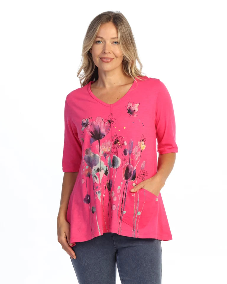 JESS & JANE Garment Dyed Cotton Slub V-Neck Top w/ Cotton-Linen Pocket and Button Accents - M139-2332 FUCHSIA BONNIE