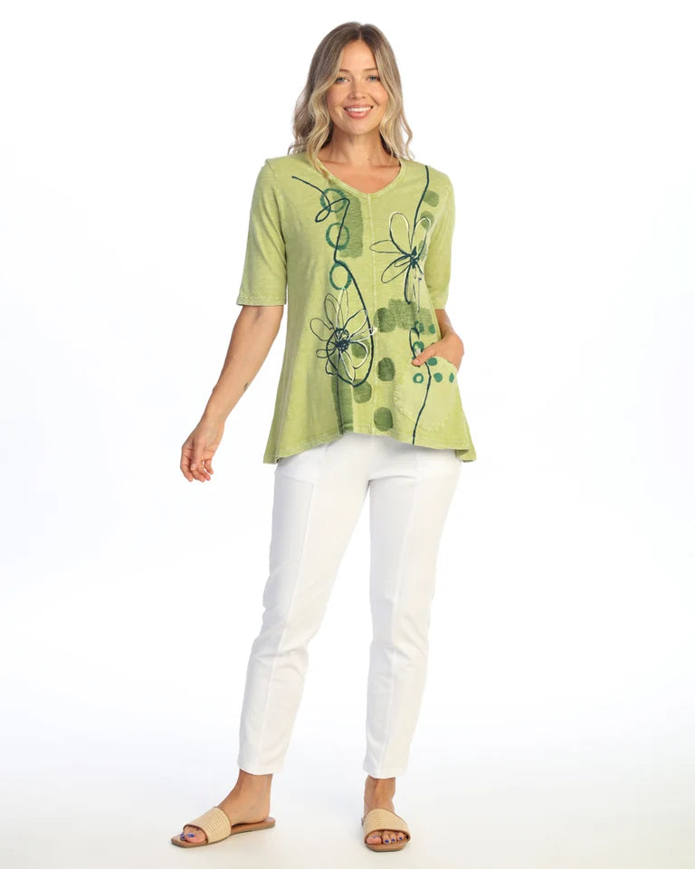 JESS & JANE Mineral Washed Cotton Slub V-Neck Top w/ Cotton-Linen Pocket and Button Accents -M139-2338 - CACT MUSE