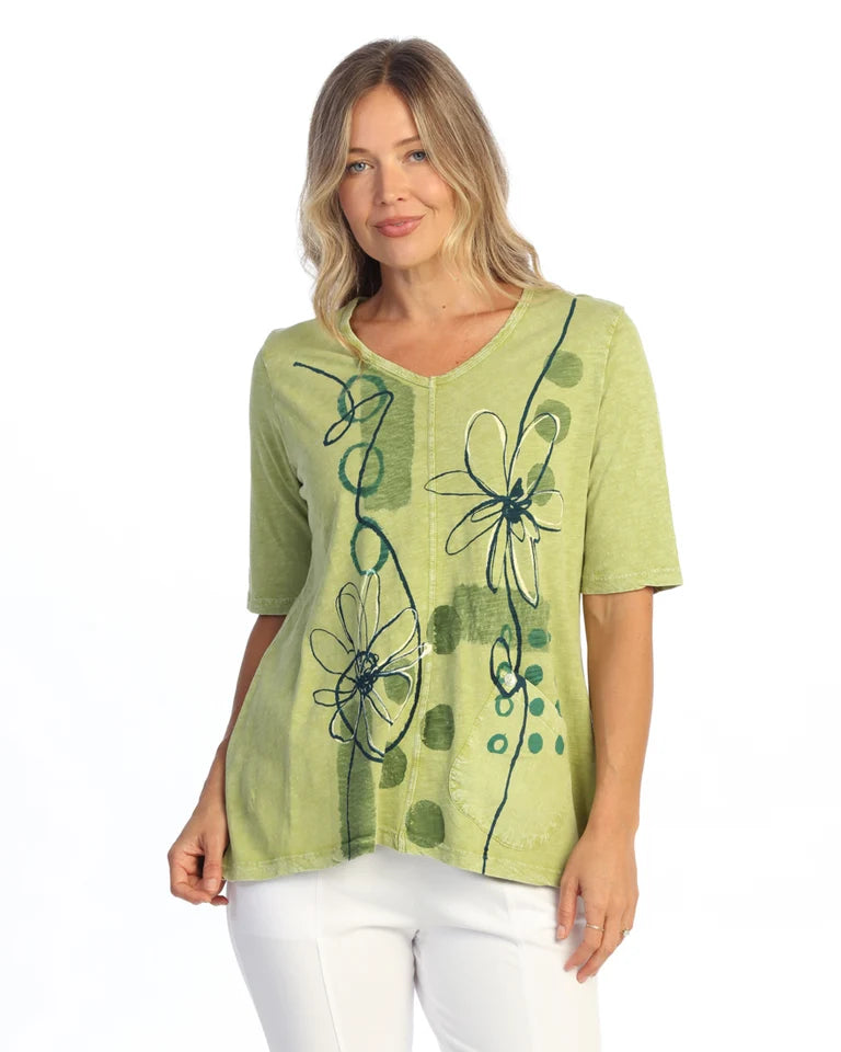 JESS & JANE Mineral Washed Cotton Slub V-Neck Top w/ Cotton-Linen Pocket and Button Accents -M139-2338 - CACT MUSE