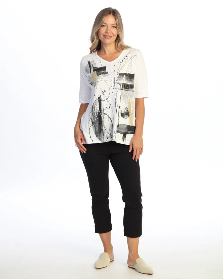 JESS & JANE Garment Dyed Cotton Slub V-Neck Top w/ Cotton-Linen Pocket and Button Accents - M139-2344 - WHT FLAMENCO