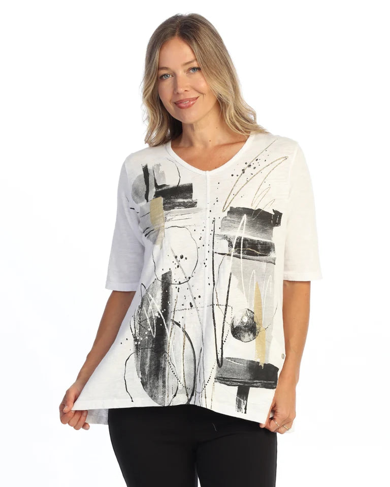 JESS & JANE Garment Dyed Cotton Slub V-Neck Top w/ Cotton-Linen Pocket and Button Accents - M139-2344 - WHT FLAMENCO