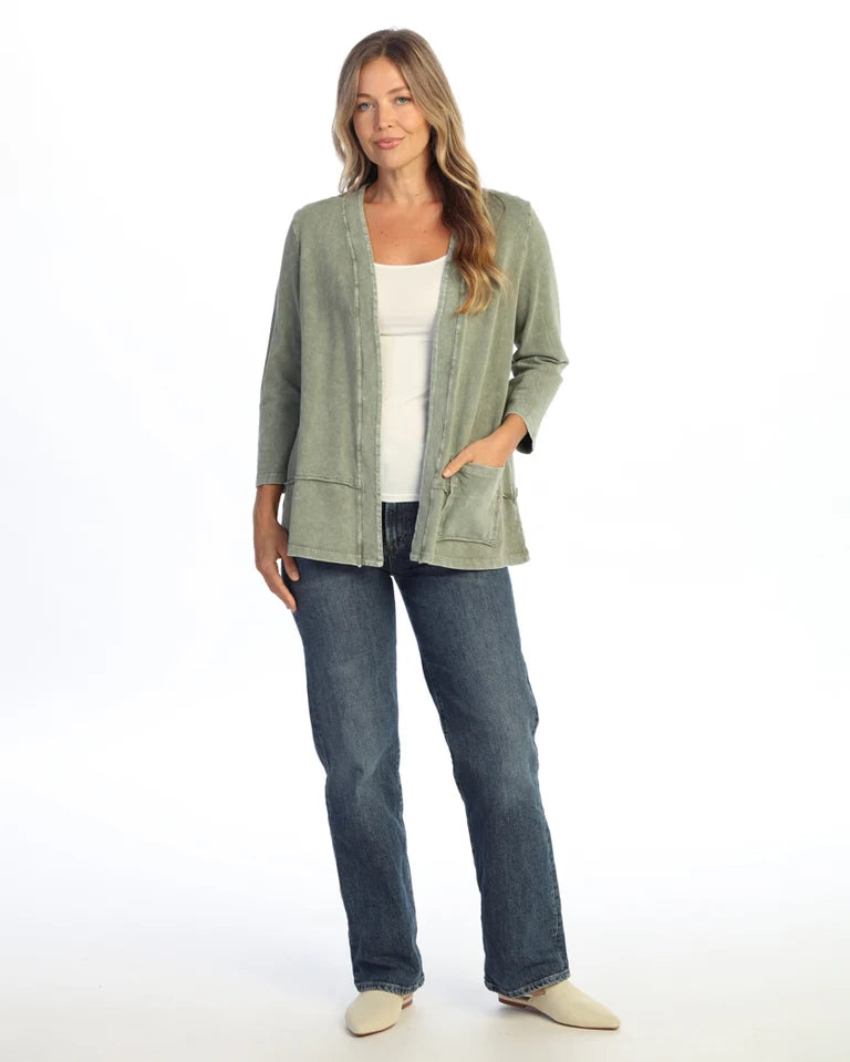 JESS & JANE Mineral Washed Cotton-Span Terry Cardigan w/ Layered Hem and Patch Pockets - M142 - FERN