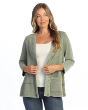 JESS & JANE Mineral Washed Cotton-Span Terry Cardigan w/ Layered Hem and Patch Pockets - M142 - FERN