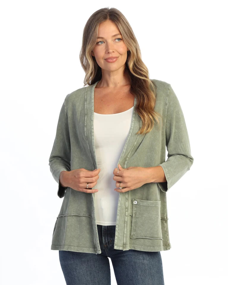 JESS & JANE Mineral Washed Cotton-Span Terry Cardigan w/ Layered Hem and Patch Pockets - M142 - FERN