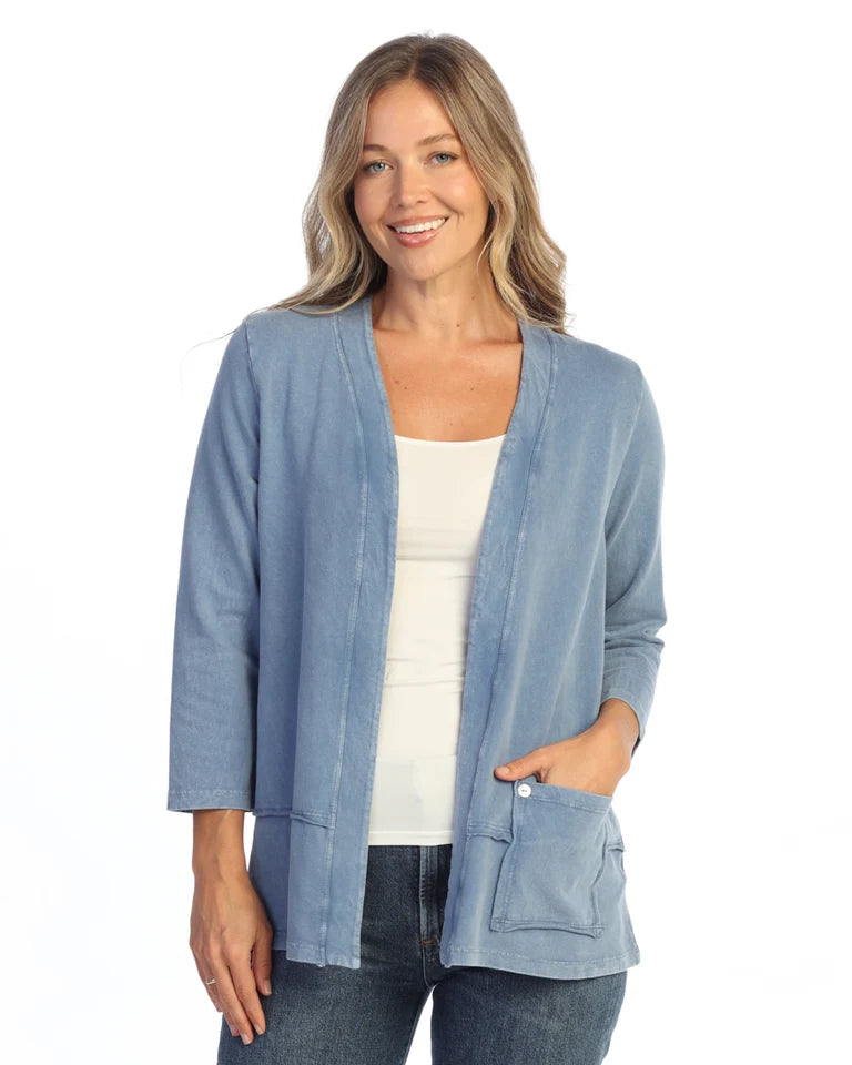 JESS & JANE Mineral Washed Cotton-Span Terry Cardigan w/ Layered Hem and Patch Pockets - M142 - CLOUD