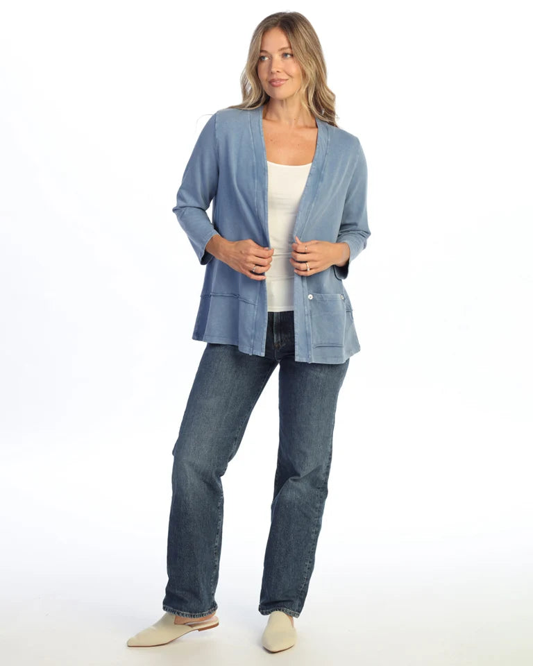 JESS & JANE Mineral Washed Cotton-Span Terry Cardigan w/ Layered Hem and Patch Pockets - M142 - CLOUD
