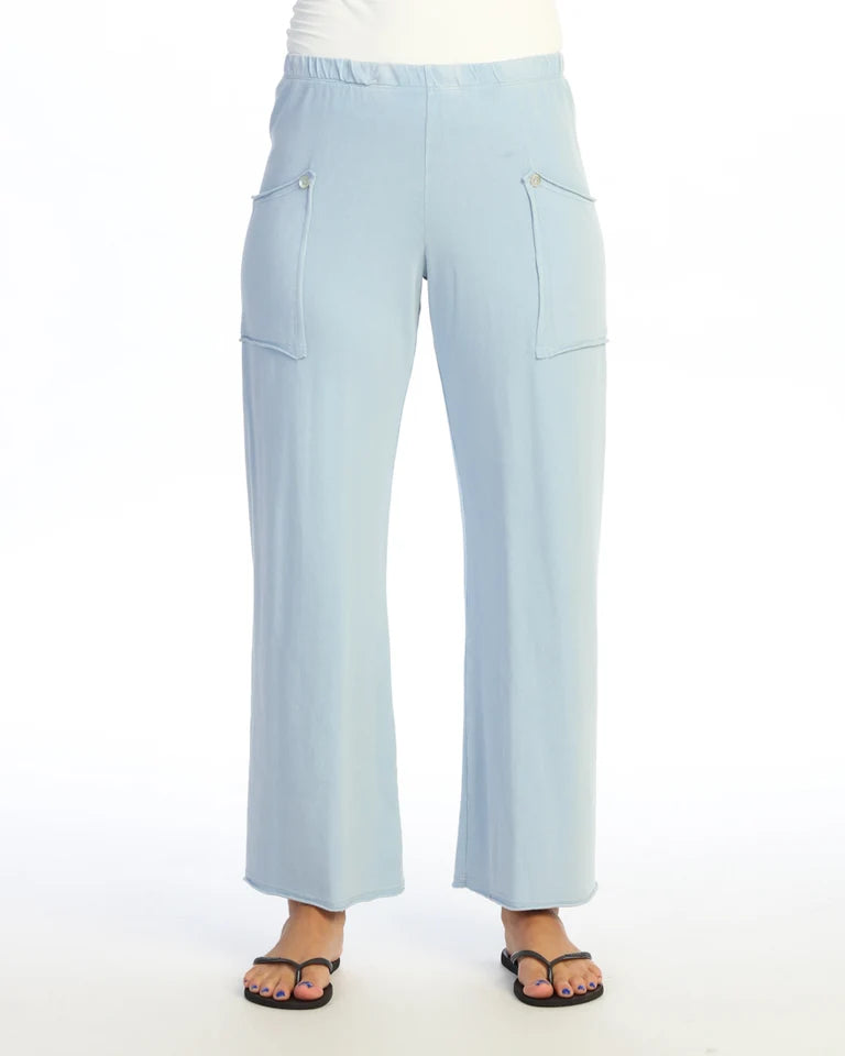 JESS & JANE Mineral Washed Cotton-Span Terry Pan'ts w/ Raw Edge Pockets and Buttons - M143 - CHAMBRAY