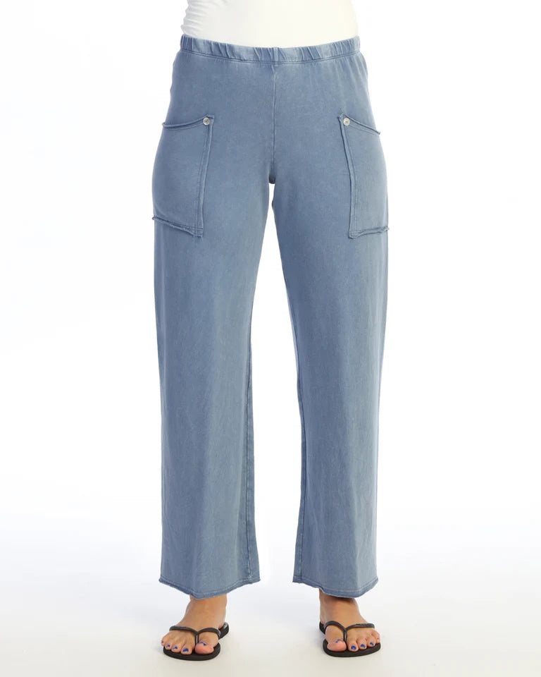 JESS & JANE Mineral Washed Cotton-Span Terry Pan'ts w/ Raw Edge Pockets and Buttons - M143 - CLOUD
