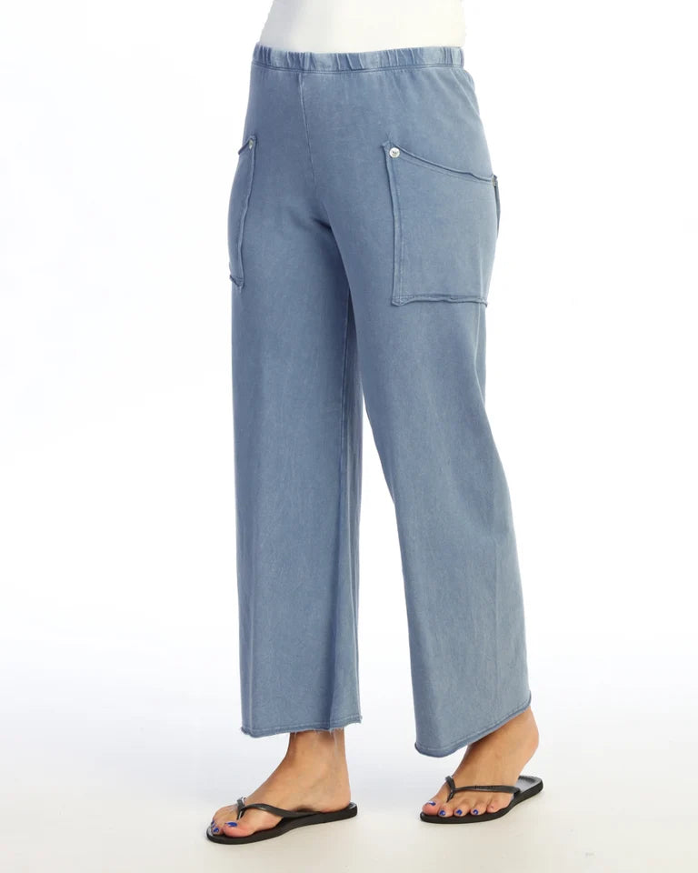 JESS & JANE Mineral Washed Cotton-Span Terry Pan'ts w/ Raw Edge Pockets and Buttons - M143 - CLOUD
