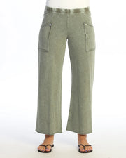JESS & JANE Mineral Washed Cotton-Span Terry Pan'ts w/ Raw Edge Pockets and Buttons - M143 - FERN