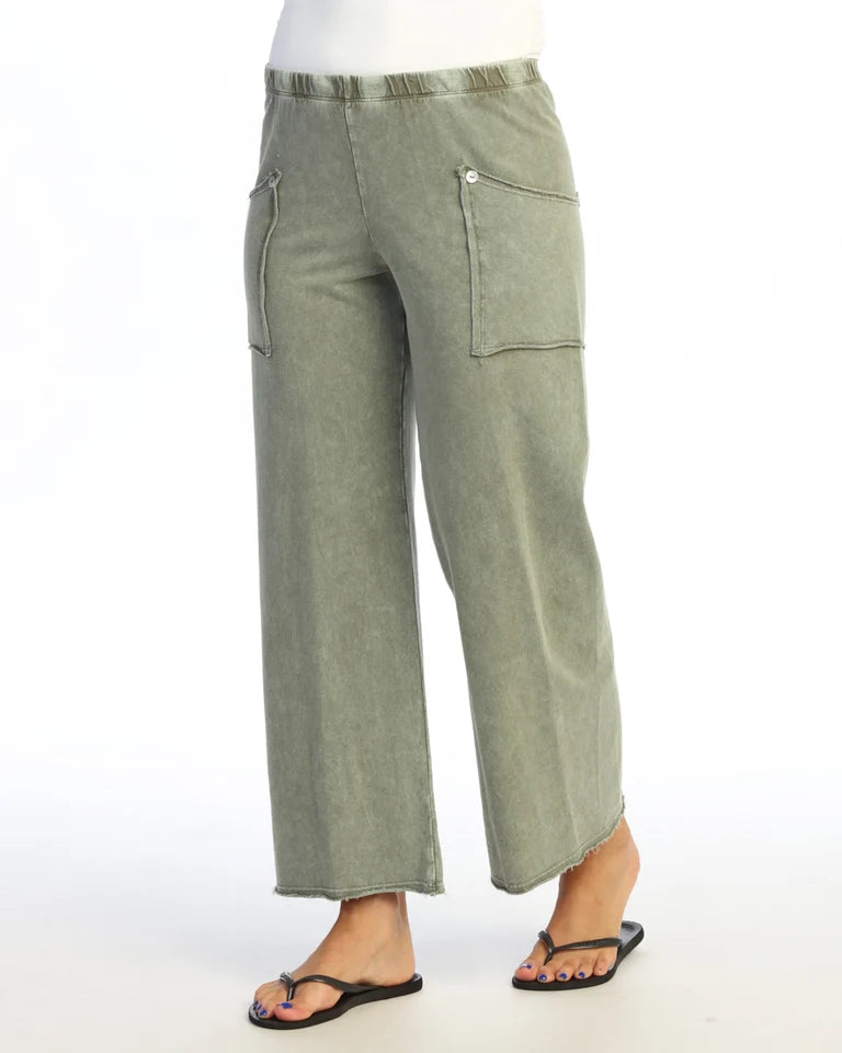 JESS & JANE Mineral Washed Cotton-Span Terry Pan'ts w/ Raw Edge Pockets and Buttons - M143 - FERN