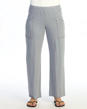 JESS & JANE Mineral Washed Cotton-Span Terry Pan'ts w/ Raw Edge Pockets and Buttons - M143 - GRAY