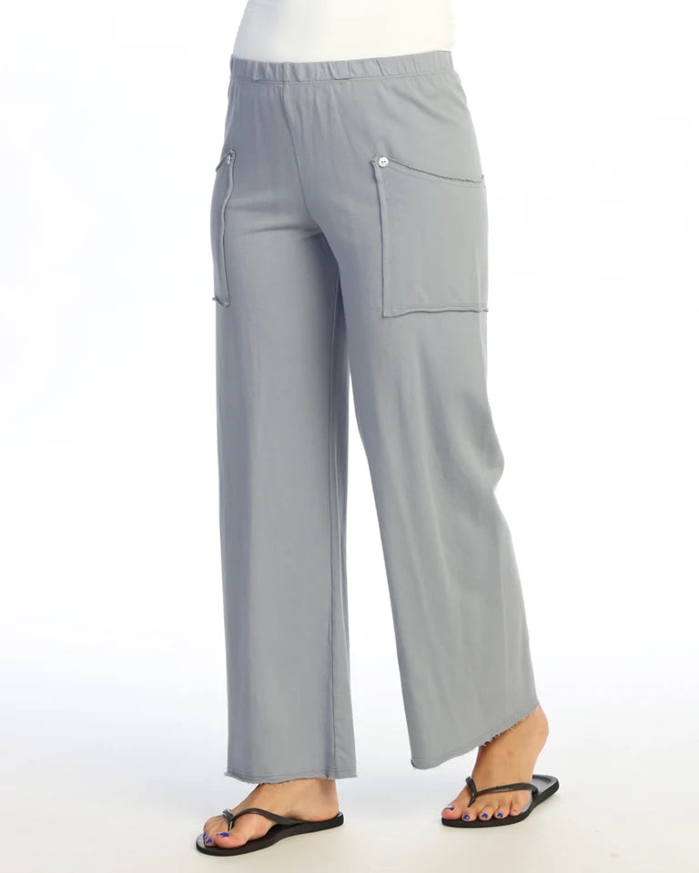 JESS & JANE Mineral Washed Cotton-Span Terry Pan'ts w/ Raw Edge Pockets and Buttons - M143 - GRAY