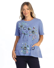 JESS & JANE Mineral Washed Cotton Slub Short Sleeve Top w/ Pocket - M145-2331 - PACIFIC APPLIQUE