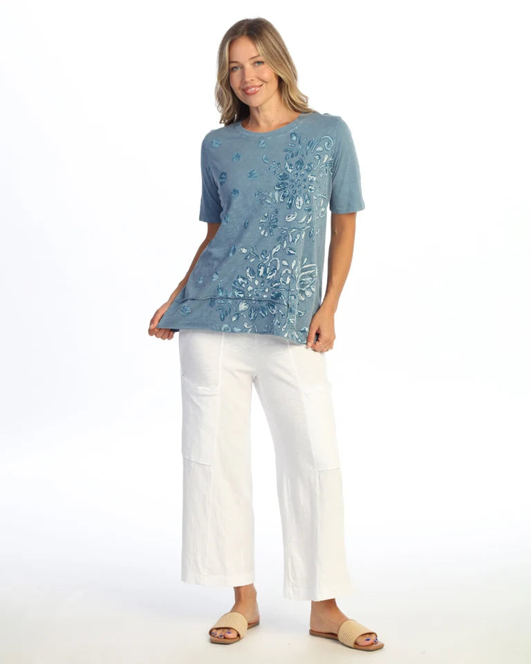 JESS & JANE Mineral Washed Cotton Slub Short Sleeve Top w/ Pocket - M145-2336 - RIVIERA PROMENADE